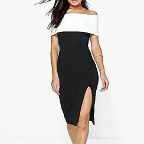 NWT Womens Boohoo Night Elin Contrast Off The Shoulder Bodycon Dress Sz 10 - Picture 2 of 9